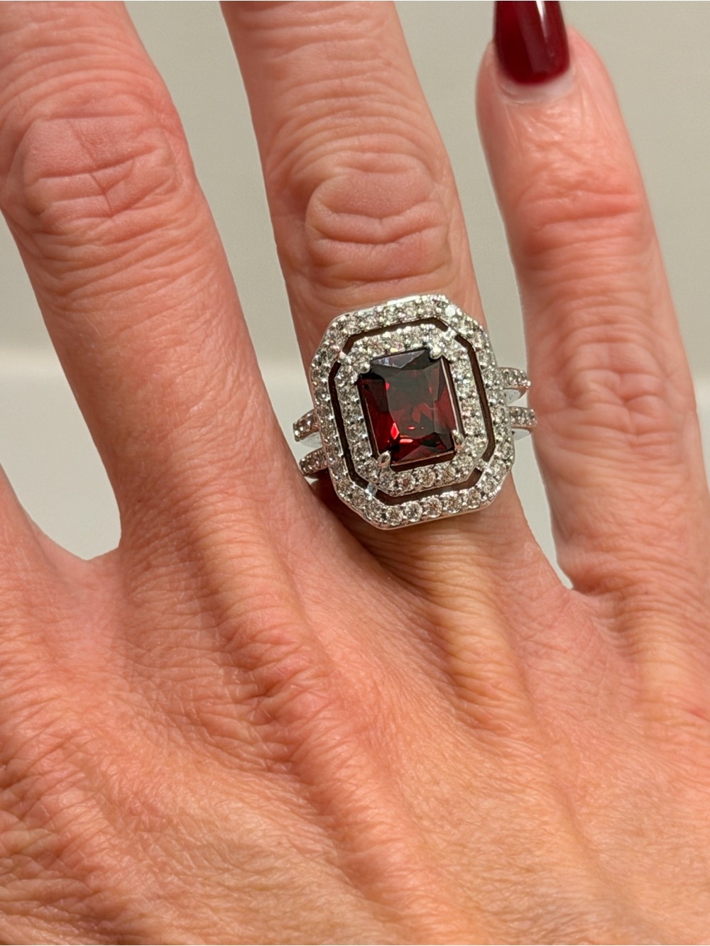 Bomb Party NWOT! Sterling Silver Red Emerald-Cut Double Halo Cocktail Ring
